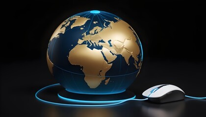 A computer mouse connected to a stylized globe with blue oceans and golden continents on a white background - obrazy, fototapety, plakaty