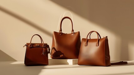 Brown leather handbags for women are displayed on a light beige backdrop.