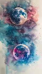 Obraz na płótnie Canvas An ethereal nursery book universe where galaxies and the moon blend into a soothing tapestry of watercolor strokes in light purple, blue, and green