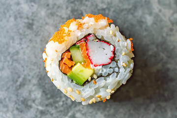 American cuisine concept. One piece of California Roll on gray marble table in a sushi restaurant. Flat lay view. Text space. Close up indoor shot