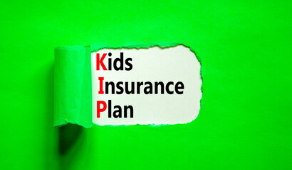 KIP kids insurance plan symbol. Concept words KIP kids insurance plan on beautiful white paper. Beautiful green paper background. Business KIP kids insurance plan concept. Copy space.