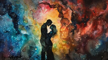 Capture the intimacy of an Alien couple embracing under the swirling colors of a distant nebula in a vibrant watercolor painting