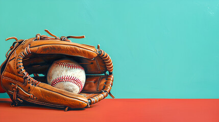 Baseball glove holding ball on light blue background, Generative Ai