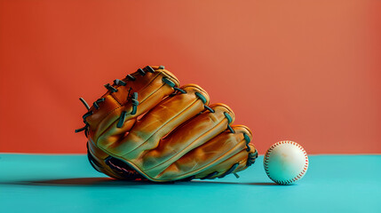 Baseball glove holding ball on light blue background, Generative Ai