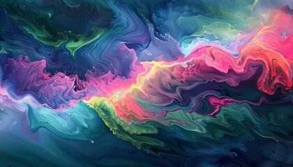 Abstract acrylic painting blending neon green, radiant pink, profound blue, and purple in a cosmic dance. Vibrant background pattern embodies chaos and beauty of the universe. - obrazy, fototapety, plakaty