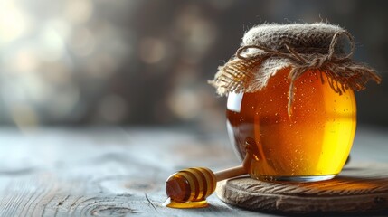 Honey jar and dipper on white wooden table, top view