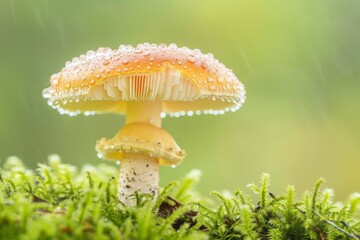 one Single dew-covered mushroom in a sunlit grassy field, showcasing natural beauty and morning freshness.
Concept: nature, macro, dew, freshness, morning