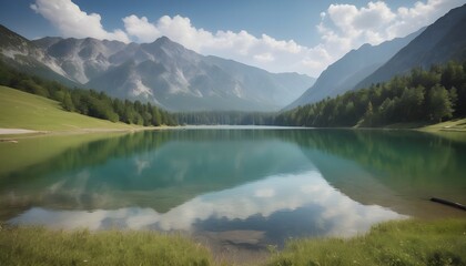 Landscape of mountain lake - obrazy, fototapety, plakaty