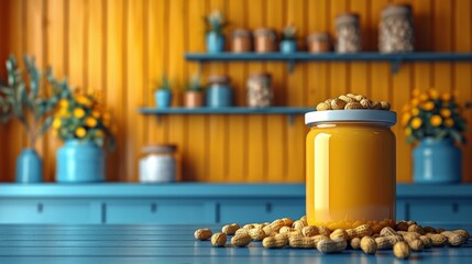 An image of a jar of peanut butter against a background of peanuts