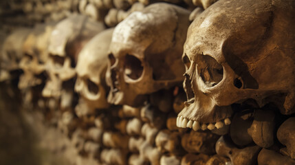 Dark, historical perspective of a wall closely packed with ancient human skulls and bones, in sepia tone. - obrazy, fototapety, plakaty