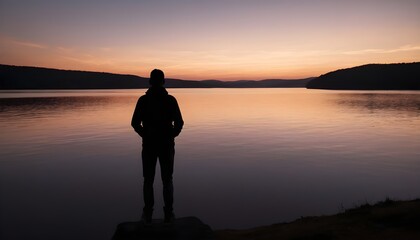 Silhouette of an adult at sunset sky with a lake in the background - obrazy, fototapety, plakaty