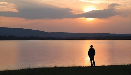 Silhouette of an adult at sunset sky with a lake in the background - obrazy, fototapety, plakaty