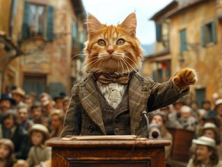In a scene filled with absurd humor, a cat serves as the mayor, delivering a speech at a podium in the town square to an amused crowd - obrazy, fototapety, plakaty