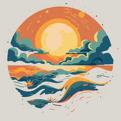 Fototapeta na wymiar landscape vector, illustration, sun, water, sky, sea, waves