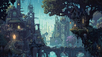 Delve into a dreamlike scene with an imaginative twist, featuring intricate details and hidden symbols representing psychological concepts, rendered in pixel art with a surprising rear view perspectiv