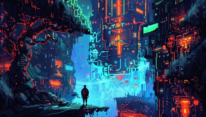 Design a pixel art composition portraying futuristic technologies entwined with horror elements from a tilted angle perspective Experiment with glitch art effects and vibrant colors to create a haunti - obrazy, fototapety, plakaty