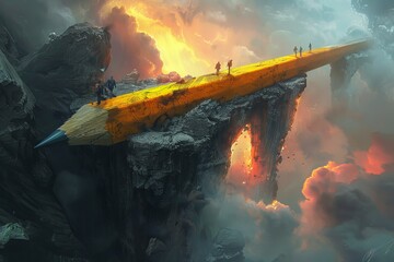 People walk on an absurdly oversized pencil bridge over a river against a whimsical sunset backdrop
