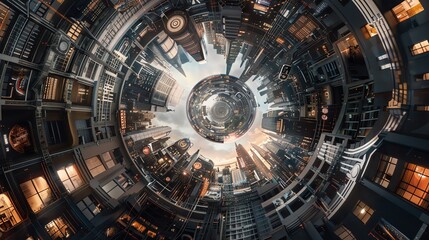 Explore a wide-angle view of a futuristic cityscape interconnected with the human mind, blending virtual reality interfaces with subconscious desires, captured from unexpected low-angle camera shots i