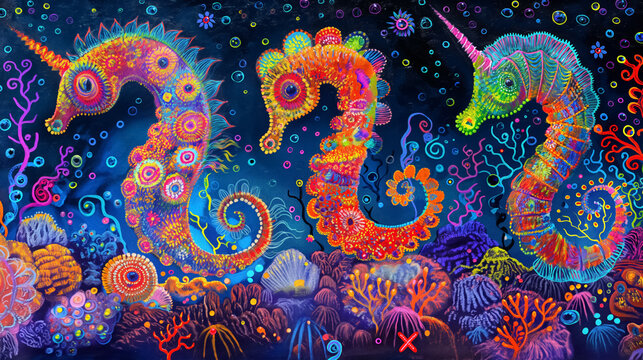 Psychedelic and vibrant seahorses with elaborate patterns and a neon coral reef background.
