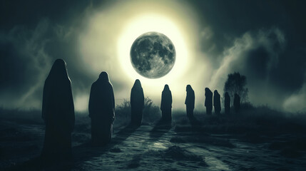 Mystical scene of cloaked figures standing in a row under a glowing full eclipse amidst misty clouds. - obrazy, fototapety, plakaty