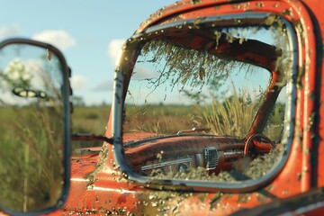 Illustrate a photorealistic scene of a rear view mirror reflecting a captivating journey into the past, utilizing digital rendering techniques to highlight every tiny detail - obrazy, fototapety, plakaty