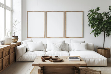 Documentary photography style of a Japanese home interior, modern living room with a square coffee table, white sofa, rustic cabinets, white wall, blank poster frames