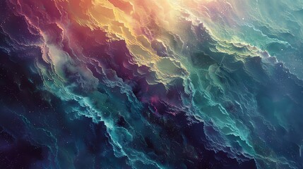 Illustrate a surreal alien world from a high angle, showing a blend of vibrant colors and ethereal lighting in a digital photorealistic style - obrazy, fototapety, plakaty