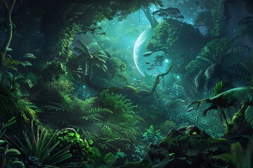 Illustrate an environmental backdrop of a lush alien jungle, featuring bioluminescent flora and fauna Integrate advanced extraterrestrial technology from a top-down angle, revealing hidden details and
