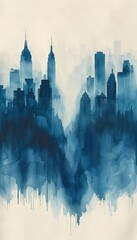 A serene watercolor landscape of abstract skyscrapers in Sailor Blue and Mint hues, offering tranquility amidst urban chaos with minimal strokes and ample negative space. - obrazy, fototapety, plakaty