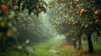 Serene apple orchard, the trees heavy with ripe red fruit, is drenched in a refreshing downpour.
