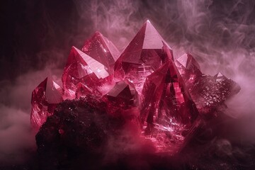 Ruby cluster with a mystical smoky background 