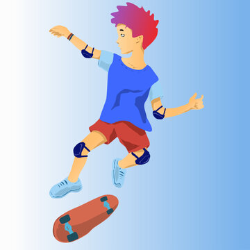 Illustration of a boy performing a trick on a skateboard. stylish hairstyle and sportswear. Vector boy in red sherts and blue t-shirt making in a jump. On the arms and legs there are protective