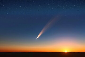 Sunset ocean horizon with comet in the starry sky and copy space astronomy, exploration, serenity, travel, nature