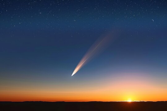 Sunset ocean horizon with comet in the starry sky and copy space astronomy, exploration, serenity, travel, nature