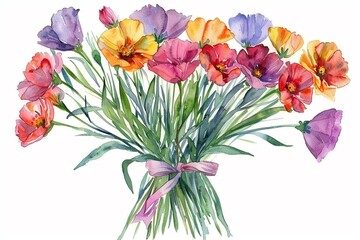 Watercolor illustration of a International Day of families themed bouquet of florals tied with a ribbon, isolated on a white background