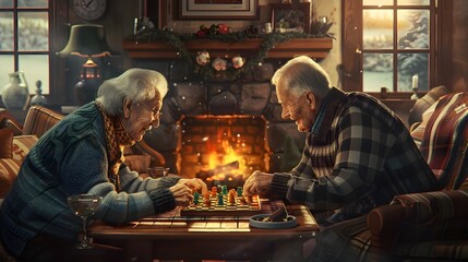 Elderly Couple Enjoying a Friendly Game of Checkers in Their Cozy Living Room with Warm Fireplace - obrazy, fototapety, plakaty