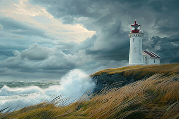 Lighthouse In Stormy Landscape - obrazy, fototapety, plakaty