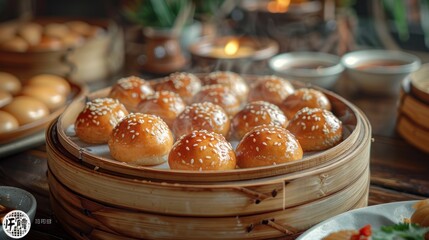 Chinese steamed meat buns ready to eat on a serving plate and steamer, close up - obrazy, fototapety, plakaty