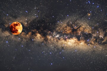 one Lunar eclipse with a blood moon against a backdrop of the Milky Way Concept: lunar eclipse, blood moon, Milky Way, night sky, celestial event