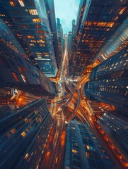 The dreamlike illusion of a city where roads float and curve in the air, cars flying gently between skyscrapers, twilight