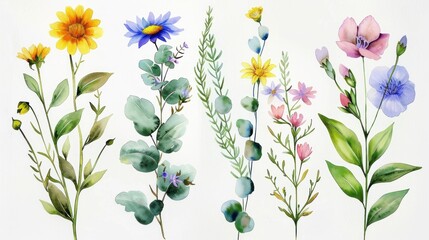 A collection of watercolor flowers with a variety of colors and shapes