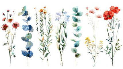 A row of flowers with different colors and sizes