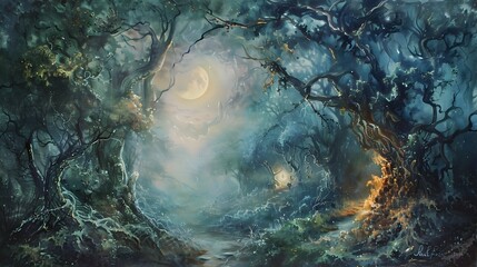 Enchanted Moonlit Forest Path Leads to Glowing Cave Entrance Shrouded in Mystic Mist and Ancient Lore - obrazy, fototapety, plakaty