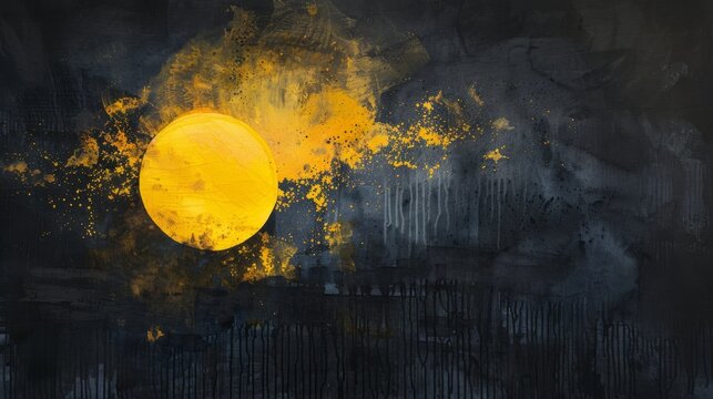 Abstract charcoal and bright yellow dawn, with minimalist design and negative space. Sun's charisma breaks night's monotony in tranquil setting.