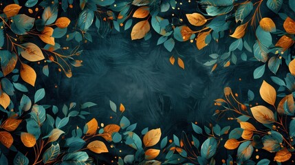 A blue and gold leafy background with a green leafy border