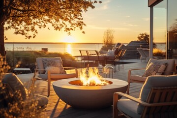 Outdoor modern fire pit in backyard with gray modern outdoor furniture, chairs, on the terrace of a residential building at sunset concept of relaxation rest and communication