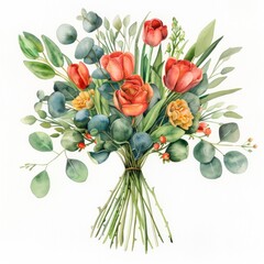 A bouquet of flowers with a green leaf in the middle