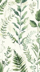 A painting of green leaves and stems with a white background