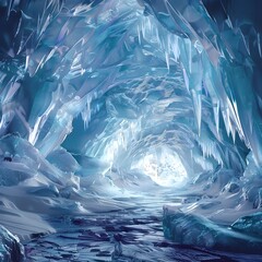 Enchanting Frozen Tundra Realm:Glowing Ice Cavern in Icy Mountain Landscape
