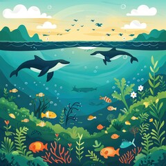 A painting of a beautiful ocean scene with two dolphins swimming in the water